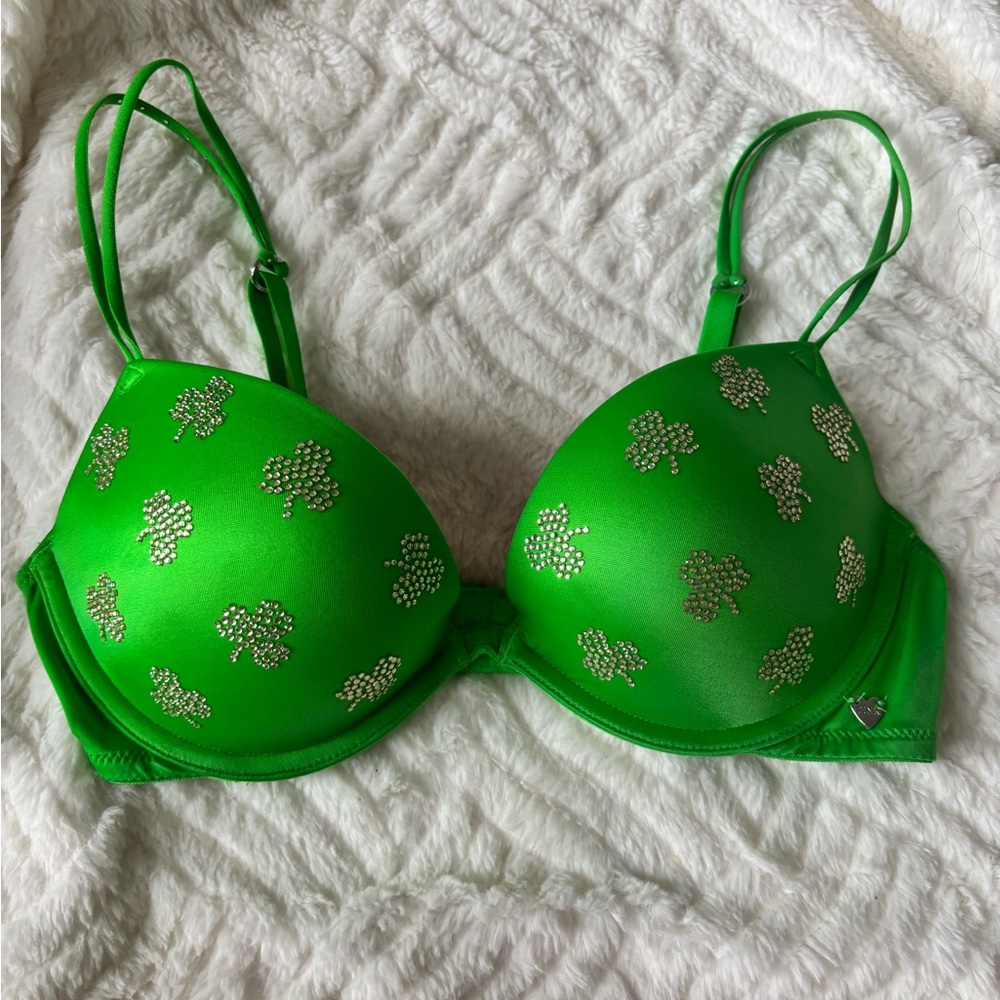 Victorias Secret Bra Sz 34B Heartbreaker Push Up Plunge Green Shamrock Limited